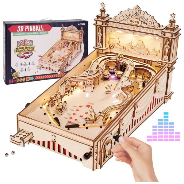 ectqqckqbd2c0b_0 jpg - Quebra Cabeças 3D em Madeira para Adultos, Tema Mini Máquina Pinball com 482 Peças, ROKR EG01, Marrom