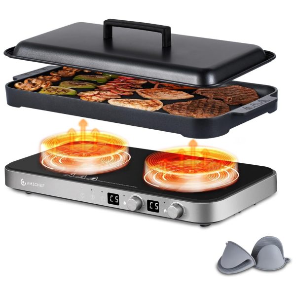 ectqqqz8bbpc0b_0 jpg - Cooktop Elétrico de Indução Portátil com Queimador Duplo, Frigideira de Ferro Fundido Removível Antiaderente, Sensor de Toque, 9 Níveis de Potência e Temporizador , 110V 1800W, Amzchef, Cinza