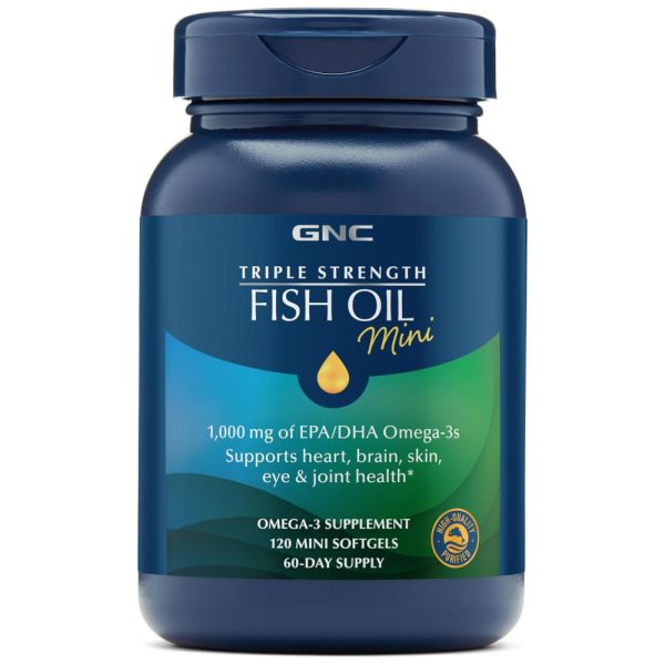 ectqs1d6k8470b_0 jpg - GNC Omega 3 Fish Oil Tripla Força 1000mg, Suporte para Coração, Cérebro, Articulações e Olhos com EPA e DHA, Sem Glúten e Não OGM, 120 Mini Cápsulas.