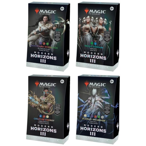 ectqyxbhrltc0b_0 jpg - Magic The Gathering Modern Horizons 3, Decks de Comandante, Inclui Todos os 4 Decks Overdrive do Cemitério, Terreno Tricky, Energia Criativa e Incursão Eldrazi