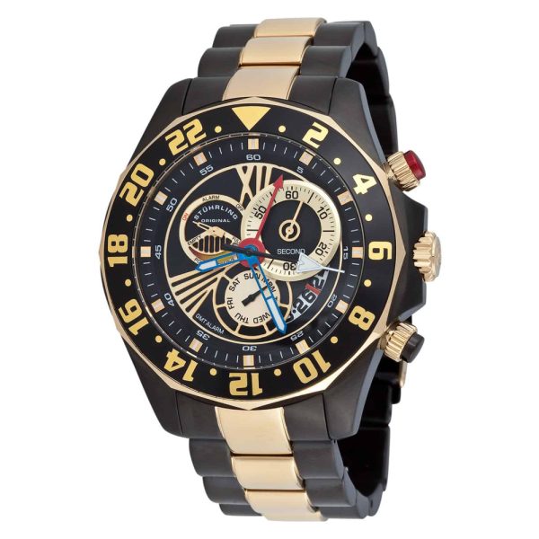 ectq032m233_782_0 jpg - Relógio Náutico 287 GMT com mostrador preto e pulseira de aço inoxidável PVD preta Stuhrling.