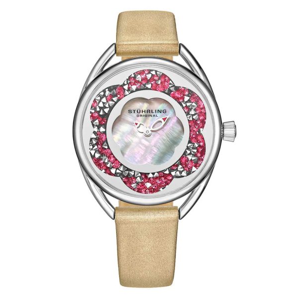 ectq10_599_0 jpg - Relgio Stuhrling Lily 995 com pulseira de couro bege e mostrador prateado de 38 mm, detalhes em prata e fivela prateada.