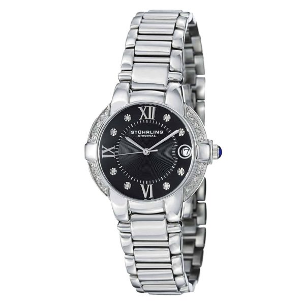 ectq11121_l833_0 jpg - Relógio Condessa Elite 338L 33mm com mostrador preto e pulseira de aço inox prateado, da marca Stuhrling.