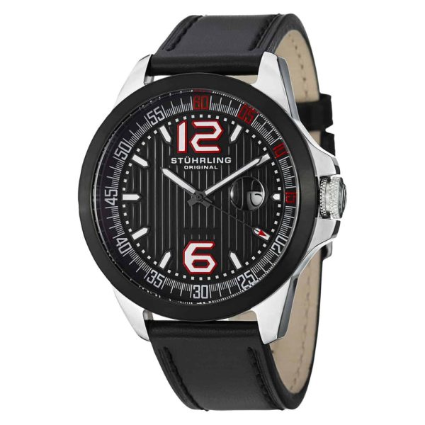 ectq15d233_c571_0 jpg - Relógio Aviador Grand Concorso 175C de 46mm com Mostrador Preto, Pulseira de Couro e Fivela Tang em Prata Stuhrling.