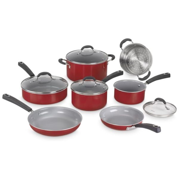 ectq1pgwzg670b_0-1 jpg - Jogo de Panelas com Interior Antiaderente Revestido de Cerâmica e Reforçado com Titânio, com 11 Peças, Cabo em Silicone e Tampas de Vidro, Cuisinart 733 30H, Vermelha