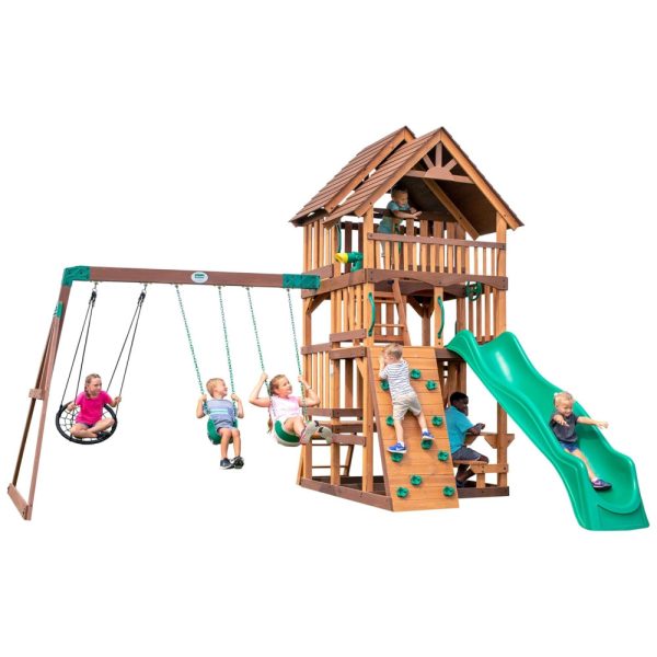 ectq1qtrslz90b_0 jpg - Playground Infantil de Madeira 3 Andares com Caixa de Areia, Banco, Parede de Escalada, Escorregador de Ondas e 3 Balanços, Backyard Discovery, Verde