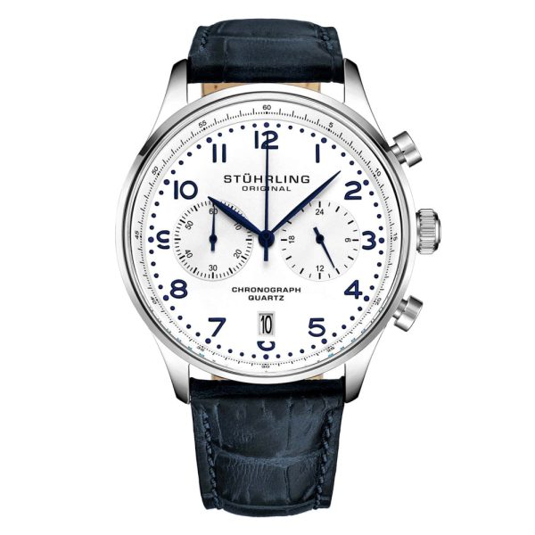 ectq1_2104_0 jpg - Relgio Crongrafo GR1Q 4012 de 42mm, Mostrador Branco, Pulseira de Couro Azul e Fivela Tang de Prata Stuhrling