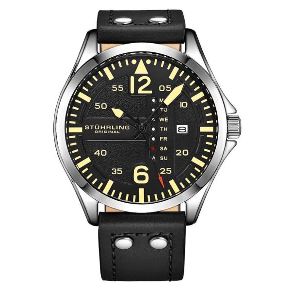 ectq1_6193_0-2 jpg - Relgio Aeronaut 3916 Aviador 43mm, Mostrador Preto Prata, Pulseira Couro Preto e Fivela Prata, Stuhrling.