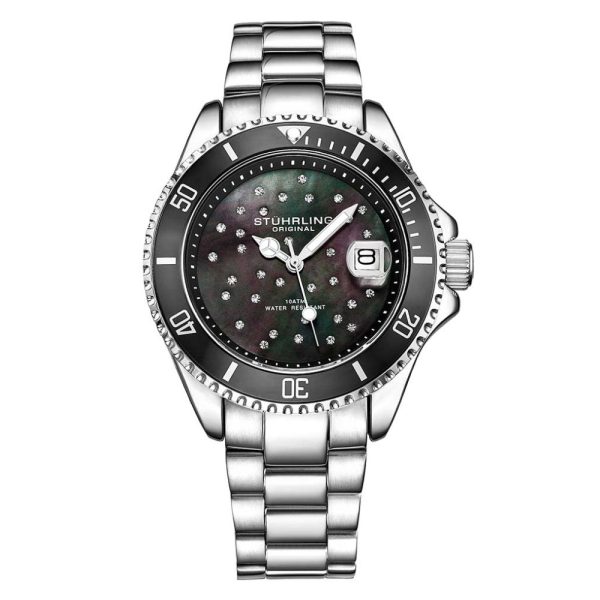 ectq1_7793_0 jpg - Relgio Stuhrling StarSea 3977, 39mm, mostrador preto, pulseira de ao inoxidvel prateado e fivela de implantao prateada.