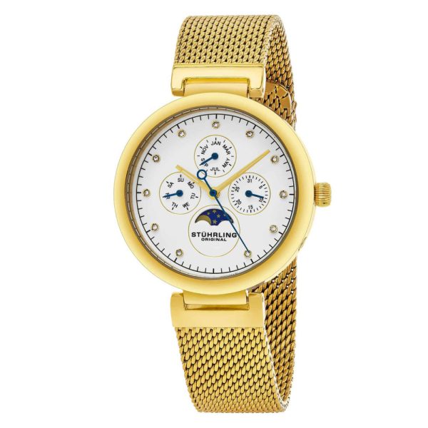 ectq20_276_0 jpg - Relógio Selene 672 37mm com Mostrador Branco e Pulseira de Aço Inoxidável Dourada, da Stuhrling.