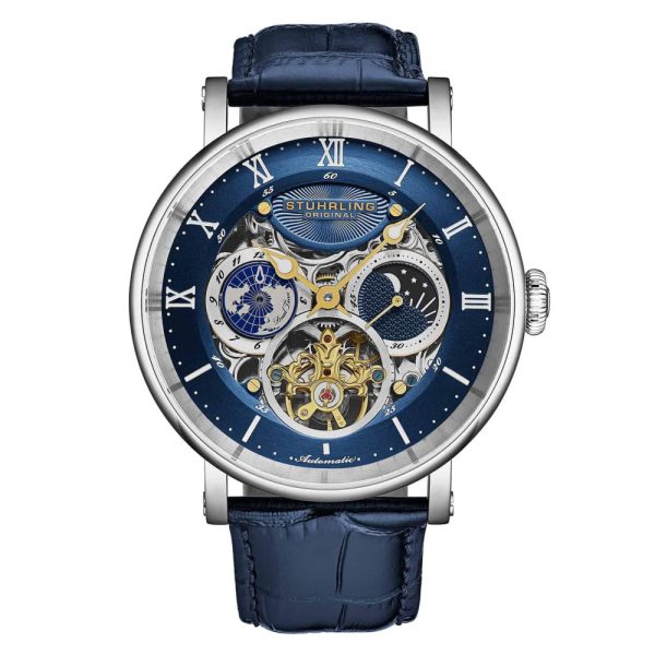 ectq20_5101_0 jpg - Relógio Automático Dual Time Majestic 47mm com Mostrador e Pulseira Azul e Moldura Prateada da Stuhrling.