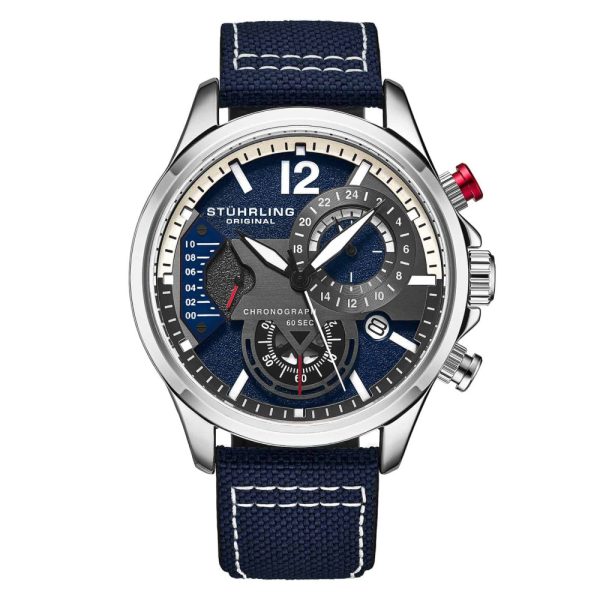 ectq20_809_0 jpg - Relgio Stuhrling Cordura 908 Aviador 45mm Azul e Prata, Pulseira de Couro Azul e Fivela de Prata