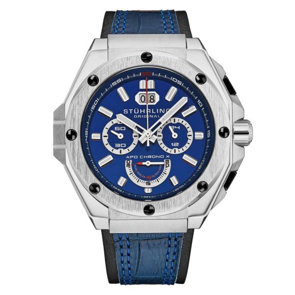 ectq20_8101_0 jpg - Relógio APO Chrono X 1018 44mm com Mostrador e Pulseira Azul e Moldura Prateada Stuhrling.