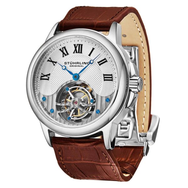 ectq20_rehtael145_0 jpg - Relogio de pulso masculino Aureate Tourbillon 541L, corda manual, 42mm, mostrador prateado e pulseira de couro marrom.