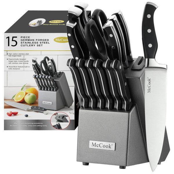 ectq2gc3qs980b_0 jpg - Conjunto de Facas em Aço Inoxidável com Afiador Embutido e Bloco de Bancada 15 Peças, MCCOOK, Preto