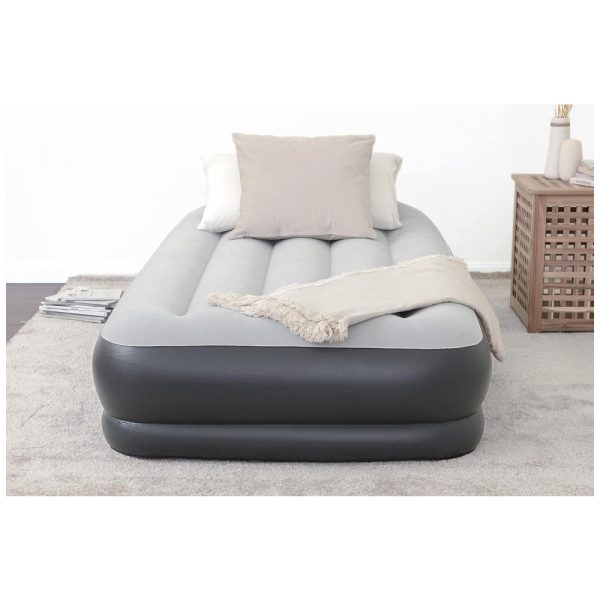 ectq2qz7vxw70b_0-1 jpg - Colchão Inflável Solteiro, com travesseiro e bomba de ar embutida com entrada USB, 110v, SLEEPLUX 69092E, Cinza