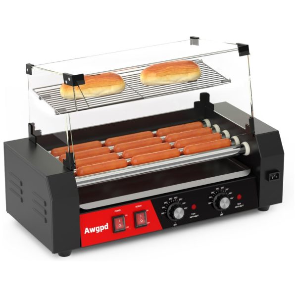 ectq2svl5n9d0b_0 jpg - Máquina de Salsicha Hot Dog Awgpd, 12 hot dogs e 5 rolos antiaderentes, com tampa de vidro, bandeja coletora, controle de temperatura duplo