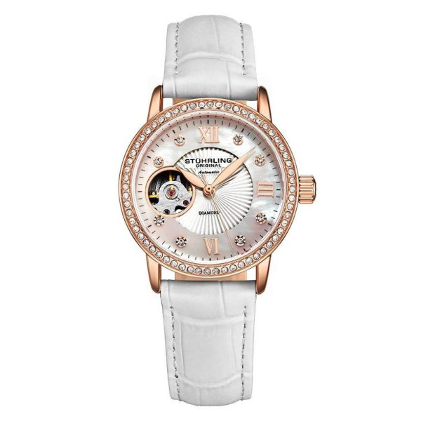 ectq2_2593_0 jpg - Relgio Stuhrling Legacy 3952 Automtico 34mm Mostrador Prateado com Detalhes em Rosa e Pulseira de Couro Branco