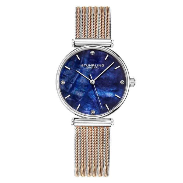 ectq2_7293_0 jpg - Relgio Stuhrling Cambria 3927 32mm com mostrador azul clssico, pulseira em ao inoxidvel rosa e fivela dobrvel em prata.