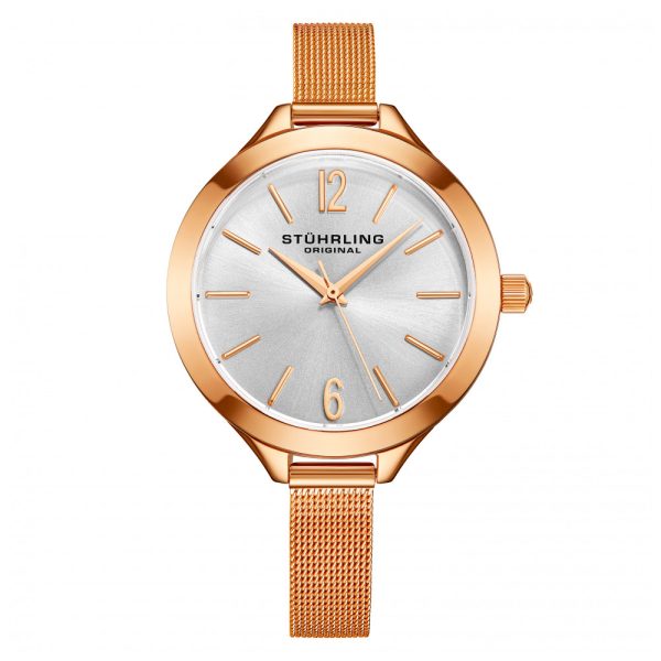 ectq30_m865_0 jpg - Relgio feminino Stuhrling com moldura e ponteiros em ouro rosa e mostrador prateado.