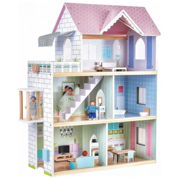 ectq3rg2nrq80b_0 jpg - Casa de Bonecas de Madeira com Elevador, 15 Peças de Móveis, Campainha e Luz para Crianças de 3 a 12 Anos, Golitoys, Rosa e Roxo