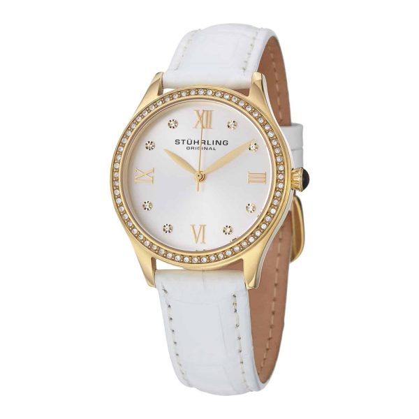 ectq40_134_0 jpg - Relógio Vogue 431 36mm com mostrador prateado, pulseira de couro branco e fivela tang em ouro, Stuhrling.