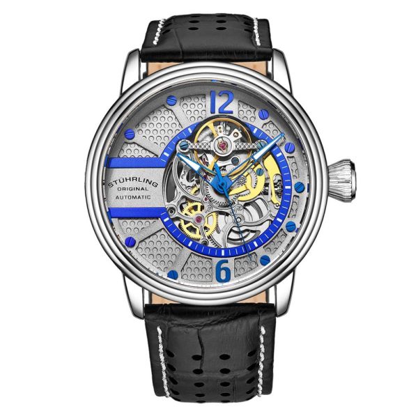 ectq4_1793_0 jpg - Relógio Automático Prospero 3971, Mostrador Prateado 44mm, Pulseira de Couro Preta com Fivela Prateada Stuhrling.