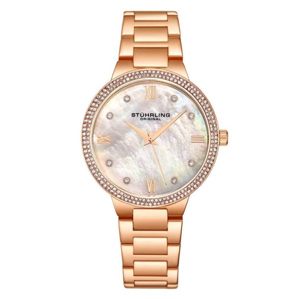 ectq4_7093_0 jpg - Relgio feminino Carrara 3907, 38mm, mostrador prateado, pulseira de ao inoxidvel rosa com fivela de implantao em camadas Stuhrling