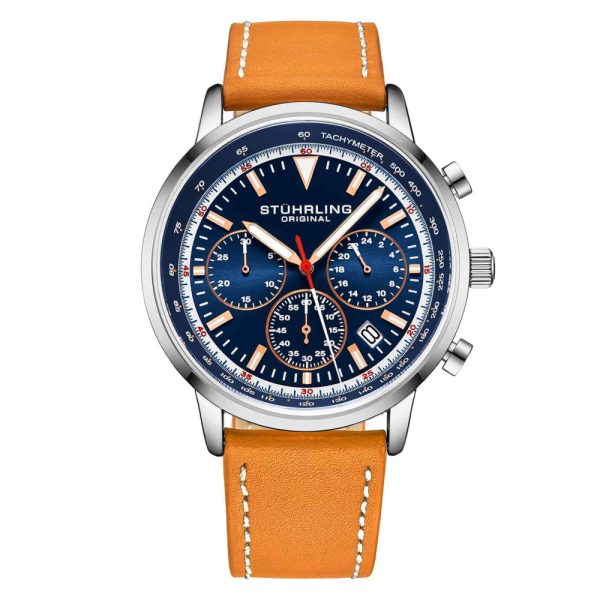 ectq4_l6893_0-1 jpg - Relgio Stuhrling 3986L Crongrafo de 44mm com Mostrador Azul, Pulseira de Couro Castanho e Fivela de Implantao Prateada