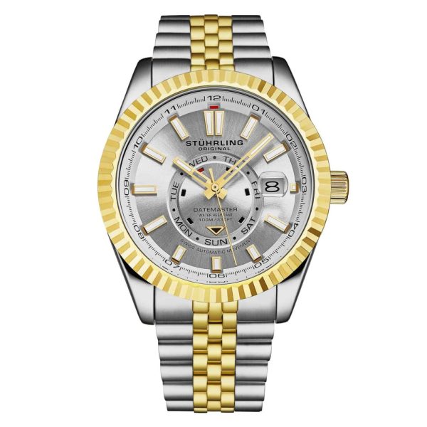 ectq50_0201_0 jpg - Relógio automático Datemaster Swiss 1020 com 42mm, design clássico, mostrador prateado, pulseira prateada e dourada, e moldura dourada.