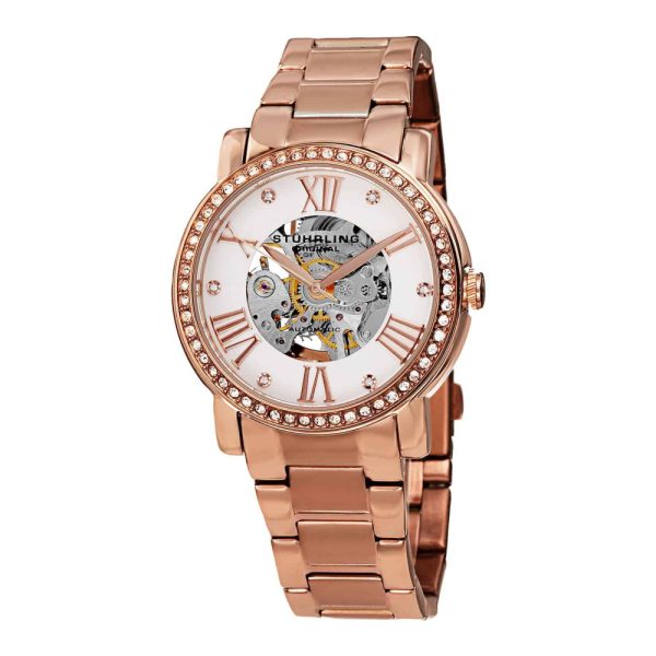 ectq50_926_0 jpg - Relógio Legado 629 Automático 38mm com Mostrador Branco e Pulseira de Aço Inoxidável Rosa Stuhrling.