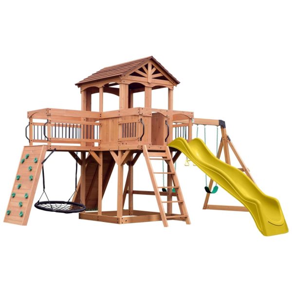 ectq67trkk9c0b_0 jpg - Playground Infantil de Madeira com Parede de Escalada, Varanda, Ponte, Escorregador, 2 Balanços de Cinto e 1 Balanço de Teia, Backyard Discovery, Amarelo