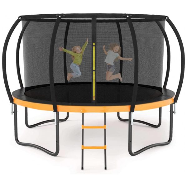 ectq6hy4nc9c0b_0 jpg - Trampolim Liyarya 12FT 14FT Trampolim para crianças Adultos Trampolins recreativos ao ar livre com postes curvos de rede e escada, revestimento antiferrugem de trampolim resistente, aprovação ASTM laranja preto 12FT