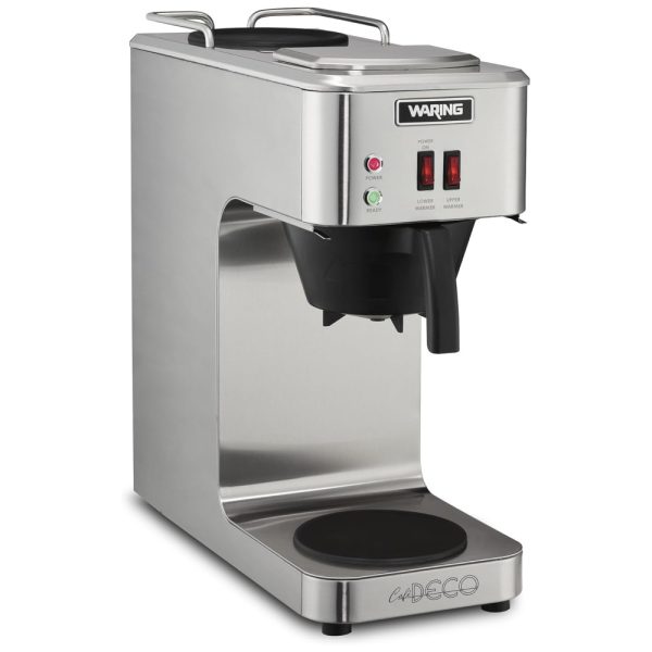 ectq6r9s2bm80b_0 jpg - Máquina para Café Coado Comercial, até 14,7L por Hora com 2 Aquecedores Operados Individualmente e Plugue de 5 a 15 Fases, 110V 1800W, Waring WCM50, Prata