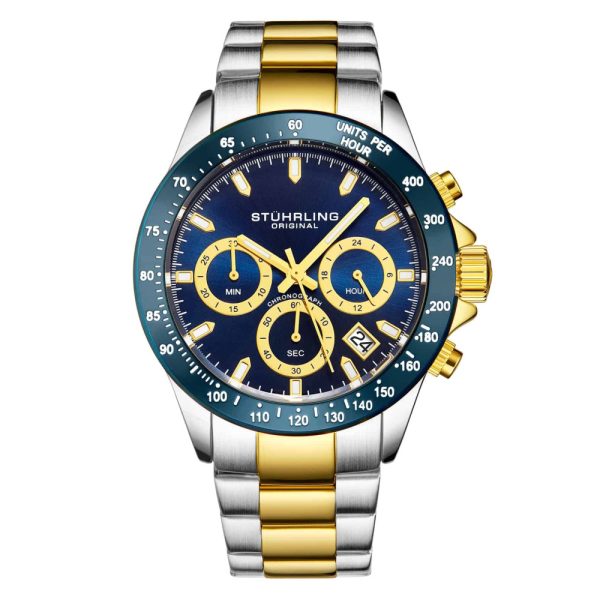 ectq6_0693_0 jpg - Relgio Crongrafo ltima 3960 de 42mm, Mostrador Azul e Pulseira de Ao Inoxidvel Dourada Stuhrling