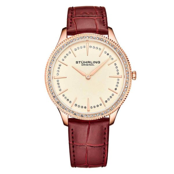 ectq6_5893_0 jpg - Relgio Stuhrling Clssico 3985, Mostrador Marfim com Detalhes em Rosa e Pulseira de Couro Vermelho com Fivela em Ouro Rosa de Camadas.