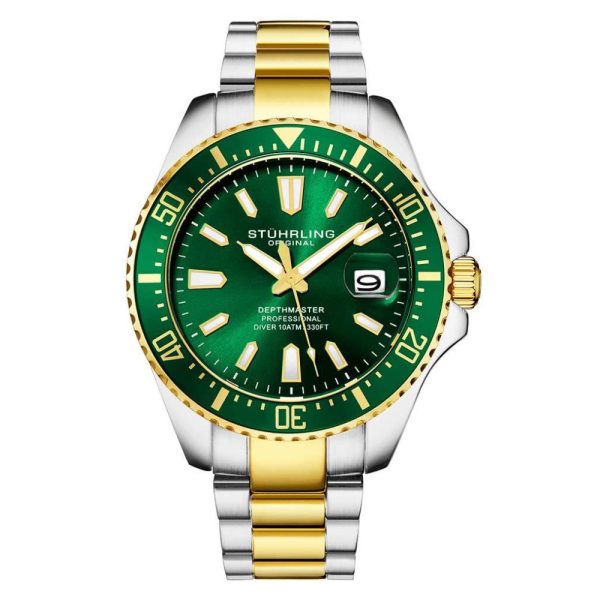 ectq6_a0593_0 jpg - Relogio masculino Depthmaster 3950A 42mm, mostrador verde, pulseira em aco inox dourado e fivela prateada Stuhrling