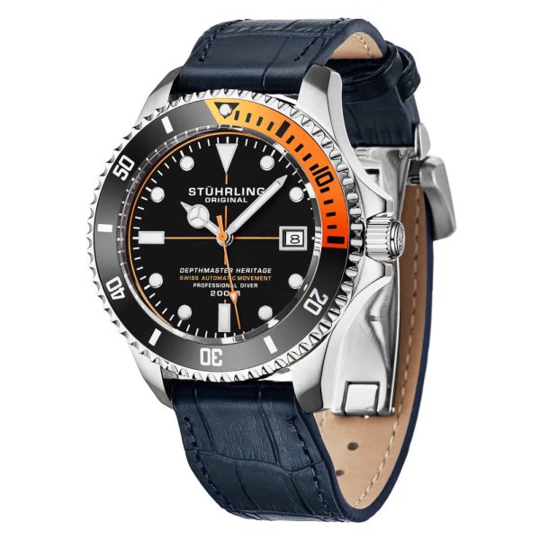 ectq80_rehtaelh388_0 jpg - Relogio Automatico Swiss Depthmaster Heritage 883HL 42mm Mostrador Preto e Prata, Pulseira de Couro Azul e Fivela Stuhrling.