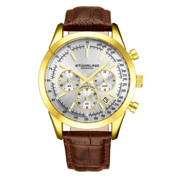 ectq8_l5793_0 jpg - Relgio Crongrafo Rialto 3975L com mostrador prateado e detalhes em amarelo, pulseira de couro marrom e fivela Tang em camadas de ouro Stuhrling