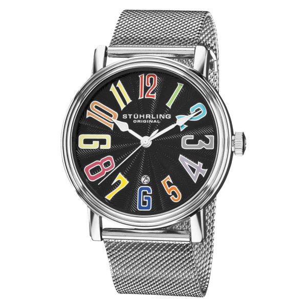 ectq961133_m103_0 jpg - Relógio de Pulso Stuhrling Elite 301M Clássico, Mostrador Preto, Pulseira de Aço Inoxidável Prata com Fivela Dobrável de 42mm.