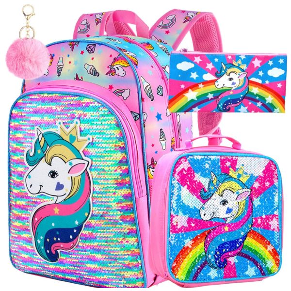 ectqb638h7380b_0-2 jpg - Mochila Escolar Infantil 40cm AGSDON Unicórnio 3 Peças com Lancheira, Rosa