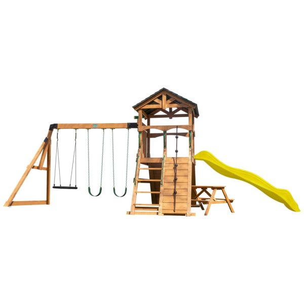 ectqbd2sfp5c0b_0 jpg - Playground Infantil de Madeira com Mesa de Piquenique, Parede de Escalada, Escorregador de Ondas e 3 Balanços, Backyard Discovery, Amarelo