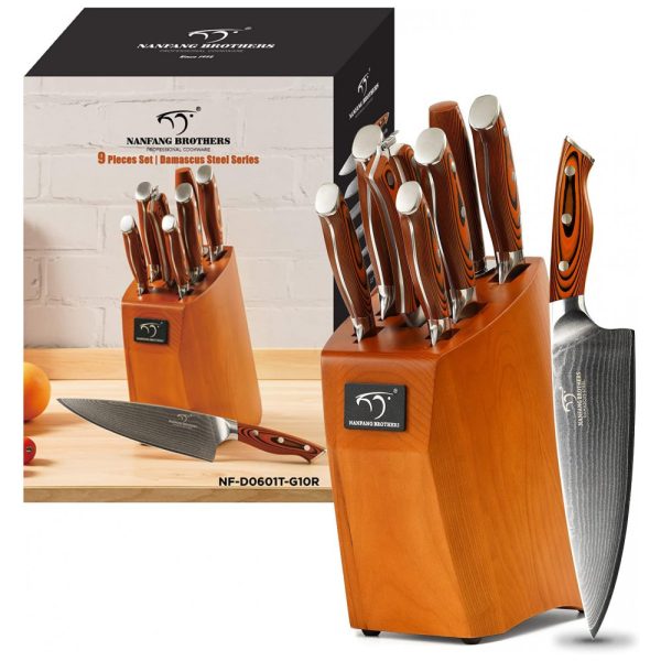 ectqbg164dc90b_0-1 jpg - Conjunto de Facas com Bloco de Bancada e Cabo Ergonômico, 9 Peças, NANFANG BROTHERS, Marrom
