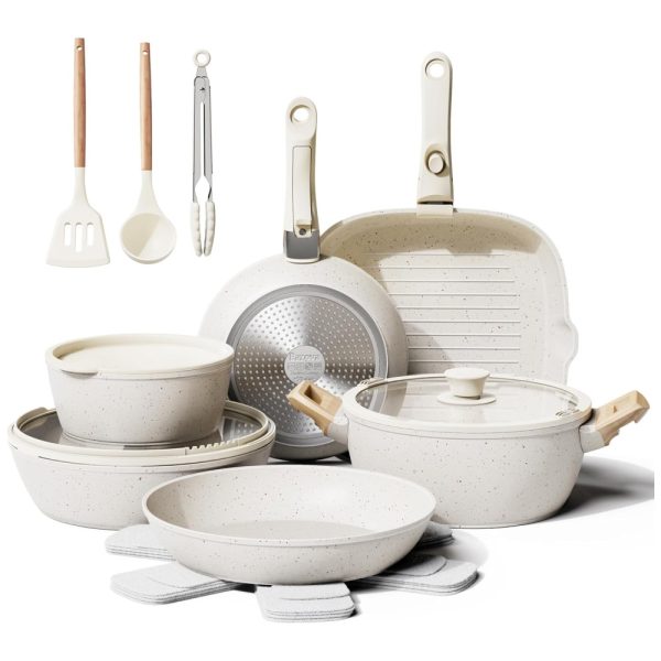 ectqfxxgx59d0b_0 jpg - Jogo de Panelas e Frigideiras Antiaderentes, Material em Alumínio com 19 Peças, Utensílios de Cozinha e Cabo Removível, Bazova, Branco Creme