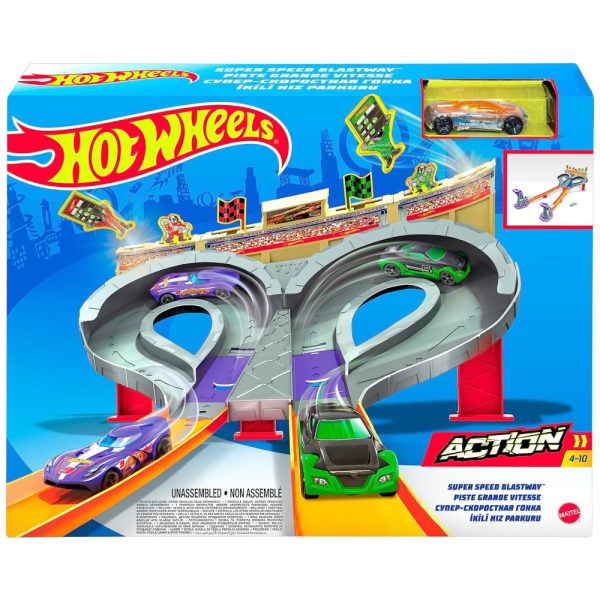 ectqg6tm3dl00b_0 jpg - Pista de Corrida Dupla Hot Wheels Super Speed Blastway para 1 ou 2 Jogadores com 1 Carro Hot Wheels, Mattel