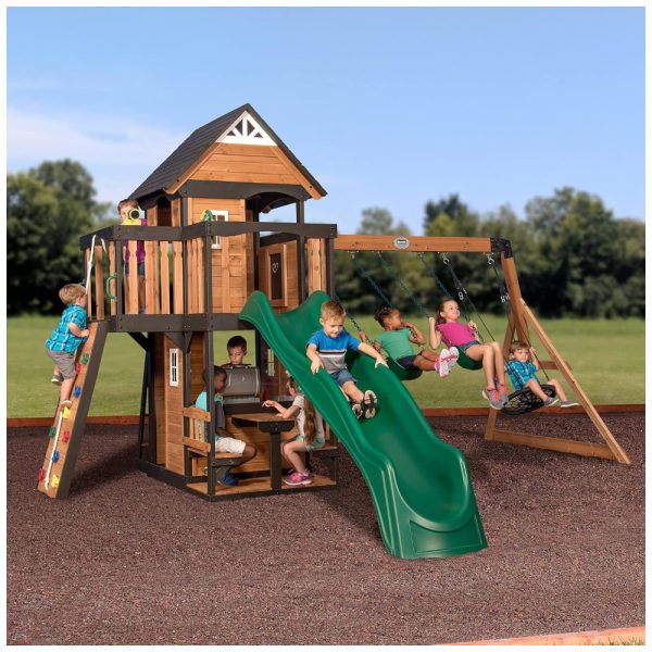 ectqh9ltgc790b_0 jpg - Playground Infantil de Madeira, Estilo Casa de Jogos com Parede de Escalada, Escorregador de Ondas, Balanços e Varanda, Backyard Discovery, Verde