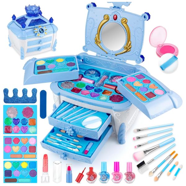 ectqjkmv498c0b_0 jpg - Kit de Maquiagem Infantil com 50 Peças e Caixa Estojo Portátil para Crianças de 3 a 12 Anos, Babbyo Princesa Casstle, Azul