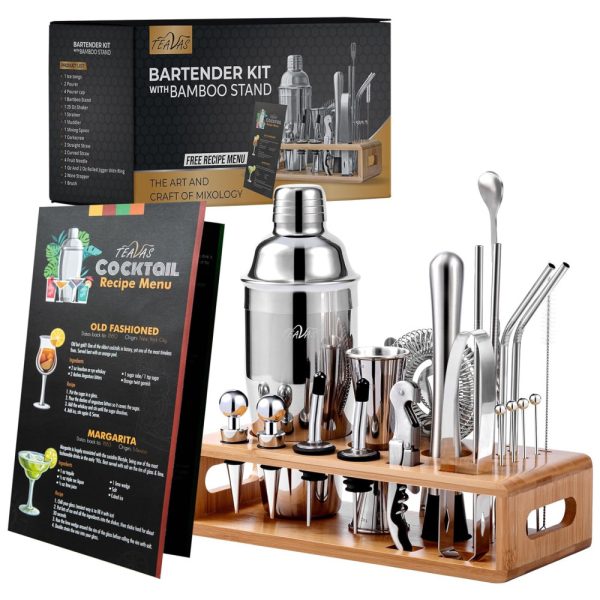 ectqlx11syq80b_0 jpg - Mixology Kit Bn Profissional 25 Peças em Aço Inoxidável com Suporte e Livro de Receitas, TEAVAS, Prateado
