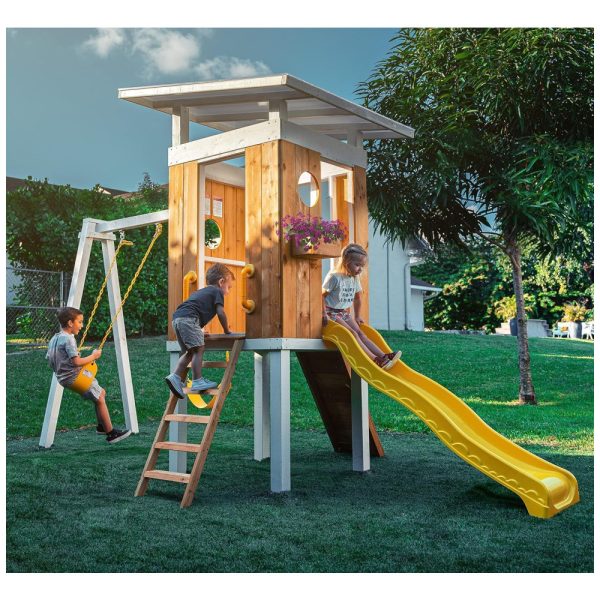 ectqmhddt1f90b_0 jpg - Playground Infantil de Madeira com Escorregador, Balanços, Escada e Parede de Escalada, Avenlur SW001, Amarelo