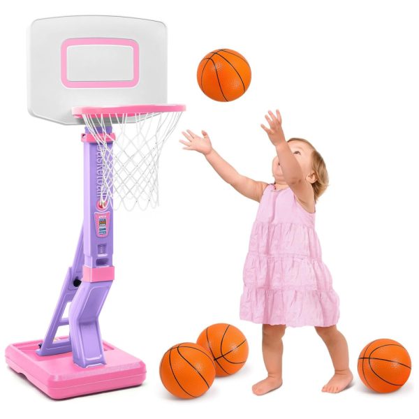 ectqpcc2cm5d0b_0 jpg - Cesta de Basquete Interno e Externa com 4 Bolas e Altura Ajustável de 70 cm a 1,3 Metros, Ideal para Crianças de 1 a 3 Anos, SUPER JOY, Rosa e Branca